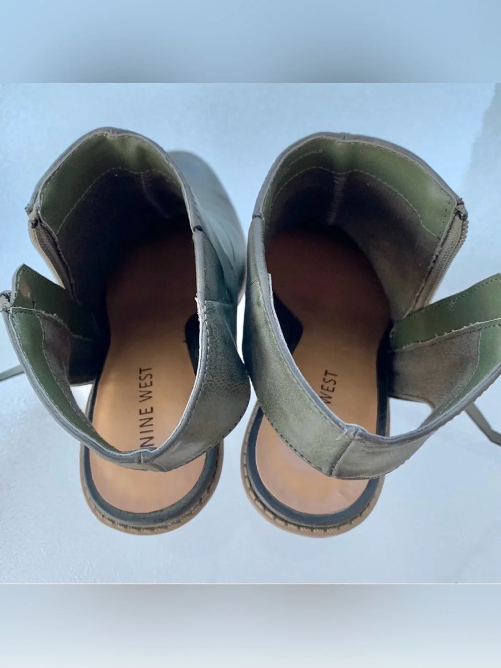 Nine West Livia 3Y Olive Green Sling Back High Heel Faux Leather Booties ~ 7.5